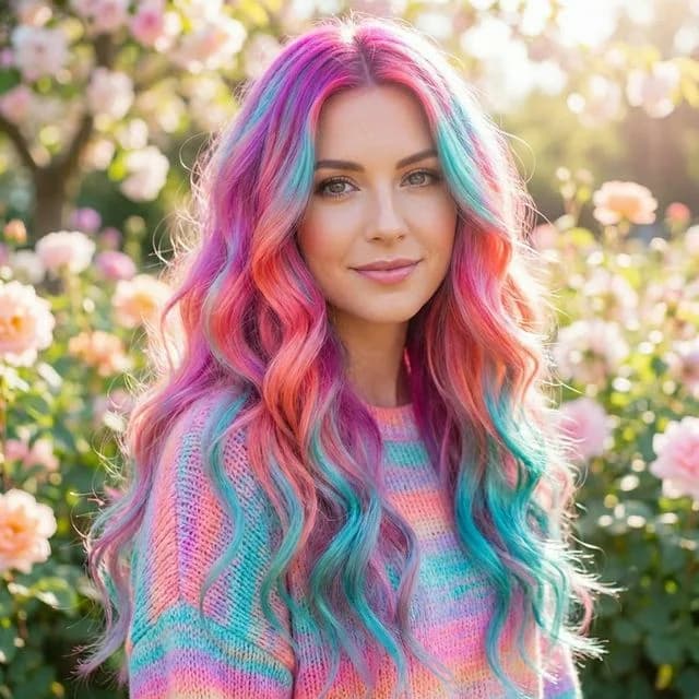 AI pink pastel hair color try-on on long wavy hair 2026 mermaid vibe